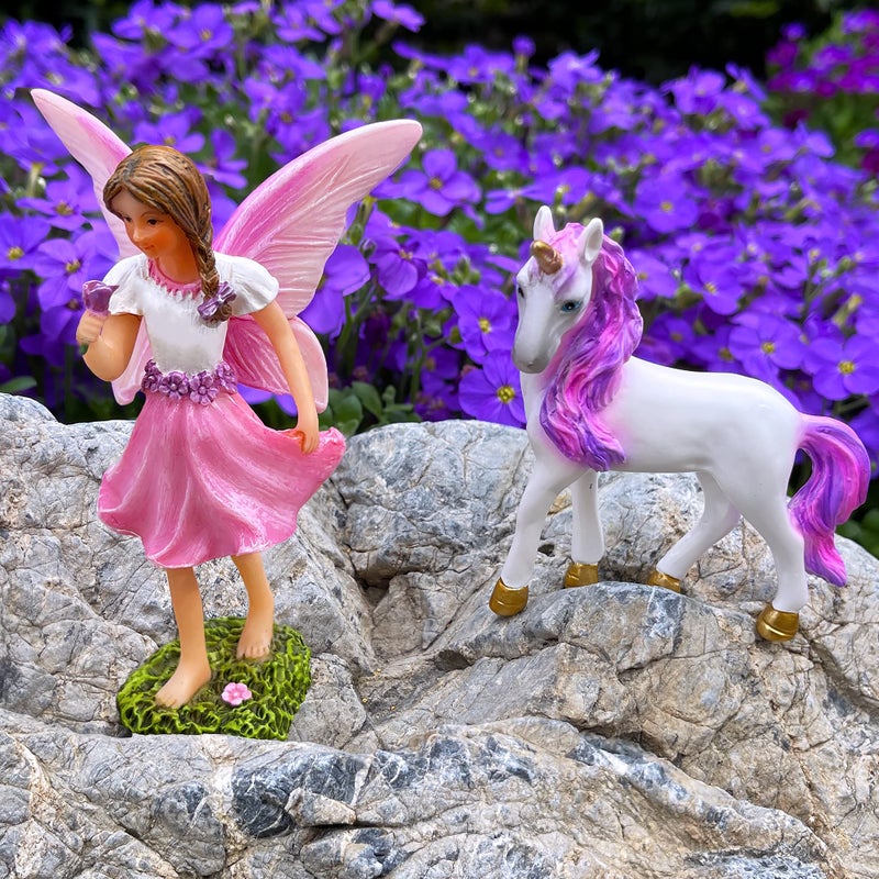 Mood Lab Fairy Garden - مجموعة الجنية مع يونيكورن المكونة من قطعتين - مجموعة تماثيل مصغرة - ديكور خارجي أو منزلي - Image 5